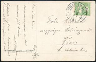 1912 Képeslap KIS-TERENNE-KIS-UJSZÁLLÁS vasúti mozgóposta bélyegzéssel / Postcard with railway postmark