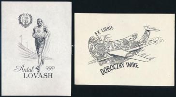 Németh Nándor (1910-1978): Ex libris Antal Lovash (olimpiai futó) és ex libris Dobóczky Imre. Klisé, papír, egyik jelzés nélkül, másik jelzett a nyomaton, 8×5 és 6x9 cm