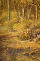 Dallos Ferenc (1928-2001): Napsütötte erdei út. Olaj, farost, jelezve jobbra lent. Hátoldalán Képcsa...