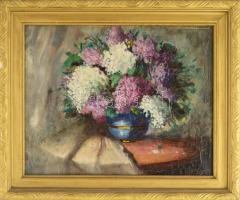 Azonosítatlan jelzéssel: Virág csendélet. Olaj vászon, keretben, repedésekkel. 38x50 cm