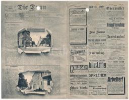 1910 Eszék, Essegg, Osijek; Politisches Tagblatt "Die Drau" Essek Oberstadt / 2-részes kihajtható montázs a "Drau" politikai napilappal / 2-tiled folding postcard with daily political newspaper montage (lyukasztott / punched holes)