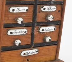 XIX. sz. vége: Antik konyhai fűszertartó szekrényke festett porcelán címkékkel és fogókkal Egy reped...