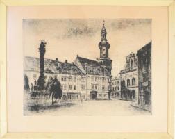 Élesdy István (1912-1987): Sopron Tűztorony. Rézkarc, papír, jelzett. Üvegezett keretben 29x39 cm