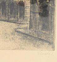 Élesdy István (1912-1987): Sopron Tűztorony. Rézkarc, papír, jelzett. Üvegezett keretben 29x39 cm