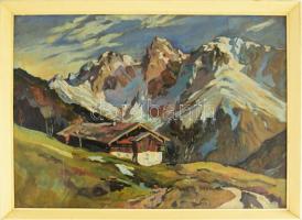 Kishonthy Jenő (1935-2015): Alpesi táj. Olaj,rétegelt lemez. Hátoldalán autográf felirattal 50x70 cm Kis sérüléssel