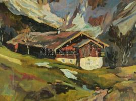 Kishonthy Jenő (1935-2015): Alpesi táj. Olaj,rétegelt lemez. Hátoldalán autográf felirattal 50x70 cm...
