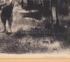 Bordás Ferenc (1911-1982): Almaszüret. Rézkarc, papír, jelzett, üvegezett keretben 30x40 cm