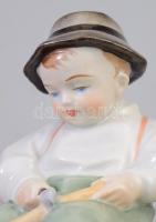 Zsolnay porcelán figura, botot faragó fiúcska, kézzel festett, jelzett, hibátlan 14 cm