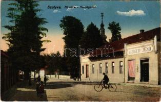 Szolyva, Svalava, Svaljava, Szvaljava, Svaliava; Fő utca, Berger Jenő üzlete, kerékpár / Hauptgasse / main street, shop, bicycle (EB)