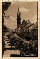 1941 Beszterce, Bistritz, Bistrita; utca, Czitron üzlete, söröző / street, shops, beer hall. Foto Sport photo (fl)