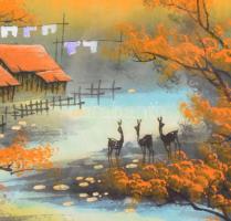 Li Hui: Táj, őzekkel. Kínai selyem kép. Akvarell, jelzett, üvegezett keretben 34x34 cm