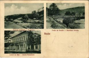 1933 Resicabánya, Resica, Resicza, Resita; Galeria ereditara, Podul de Stavila, Liceul de Stat / Erbstollen, Stavillaer Brücke, Staats-Realschule / bánya, híd, állami iskola. Schwarz Otto kiadása / mine, bridge, school (fl)