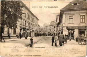 1901 Nagyszeben, Hermannstadt, Sibiu; Heltauergasse / Disznódi utca, Julius Wermescher üzlete, Transsylvania szálloda. Karl Graef kiadása / street view, shops, hotel (szakadás / tear)