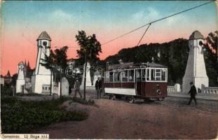 1915 Temesvár, Timisoara; új Béga híd, villamos / new Bega river bridge, tram + "K.u.K. Feldspital 5/4." "TÁBORI POSTAHIVATAL 158" (kopott sarkak / worn corners)