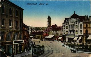 1917 Nagyvárad, Oradea; Bémer tér, Erdős és Grünfeld áruháza, villamos, üzletek / square, tram, shops (r)