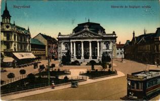 1915 Nagyvárad, Oradea; Bémer tér és Szigligeti színház, villamos reklámokkal, EMKE kávéház, Adria biztosító. Vasúti levelezőlapárusítás 55. sz. 1915. / square, theatre, tram with advertisements, café, insurance company (kopott sarkak / worn corners)