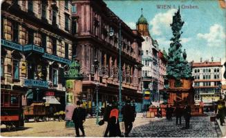 1915 Wien, Vienna, Bécs; Graben / street view, tram, Berlitz School of Languages, shop of Knize & Co. (EM)