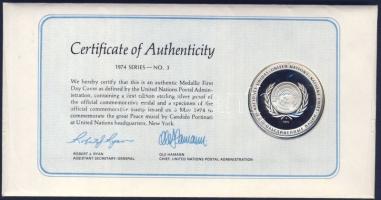 ENSZ 1974. "Testvériség és megértés" Ag emlékérem ca. 20g megcímzett érmés borítékon elsőn...