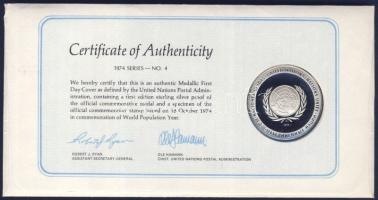 ENSZ 1974. "Világnépesség éve" Ag emlékérem ca. 20g megcímzett érmés borítékon elsőnapi bé...
