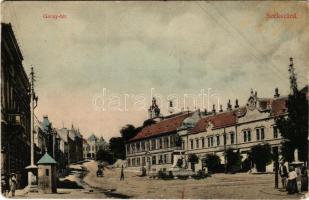 1911 Szekszárd, garay tér, Szegzárd szálloda, cukrászda, üzletek. Molnár-féle nyomda kiadása + "BAJA - SZABADKA 144. SZ." vasúti mozgóposta bélyegző (fl)