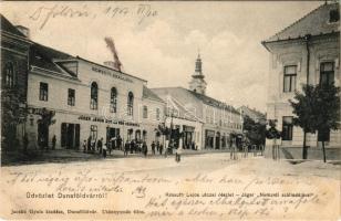 1907 Dunaföldvár, Kossuth Lajos utca, Jáger János-féle Nemzeti szálloda, bor és sörcsarnok, Janesch üzlete. Jaczkó Gyula kiadása (ázott sarkak / wet corners)