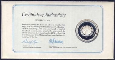 ENSZ 1974. "Tengeri jog" Ag emlékérem ca. 20g megcímzett érmés borítékon elsőnapi bélyegző...