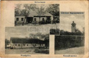 1924 Nagyperkáta (Perkáta), Községháza, Kossuth Lajos szobor, Szövetkezet üzlete. Szilágyi Arthur műterméből (fl)