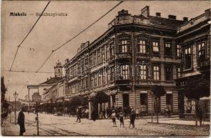 1917 Miskolc, Széchenyi utca, Grand Hotel Kepes nagyszálloda és kávéház, üzletek, villamos megállóhely. Vasúti levelezőlapárusítás 9909. (fl)