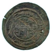 1172-1196. Kufikus rézpénz Cu "III. Béla" (1,01g) T:XF patina, hajlott lemez, repedés Hungary 1172-1196. Copper Coin with unreadable Kufic Arabic script Cu "Béla III" (1,01g) C:XF patina, wavy coin, crack Huszár: 73., Unger I.: 115.