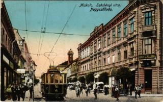 Miskolc, Széchenyi utca, Nagyszálloda, villamos, üzletek. Grünwald Ignác kiadása (EB)