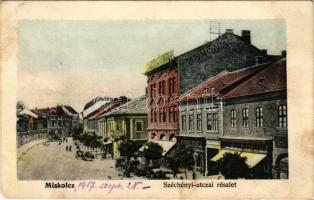 1907 Miskolc, Széchenyi utca, Pannonia szálloda, gyógyszertár, üzletek, villamos (fl)