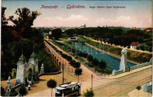 Temesvár, Timisoara; Gyárváros, Bega részlet liget bejárattal, villamos / Fabric, riverside and park, tram (r)