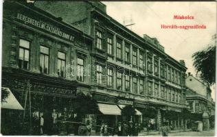 1909 Miskolc, Horváth nagyszálloda, Kereskedelmi és Gazdasági Bank R.T., Fehér Kígyó gyógyszertár, cipőgyár főraktára, Merkl Gyula és Pfliegler J. üzlete. Grünwald Ignác kiadása