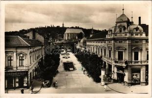 1940 Miskolc, Erzsébet tér az Avassal, Belvárosi virágcsarnok, gyógyszertár (EK)