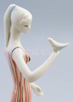 Drasche csíkos ruhás nő madárral. Jelzett, hibátlan, m: 21,5 cm