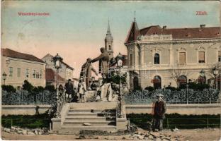 1911 Zilah, Zalau; Wesselényi szobor, Bikfalvy Testvérek és Körtési József üzlete / statue, shops (EK)