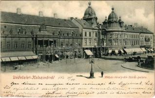 1902 Kolozsvár, Cluj; Mátyás király tér, Gróf Bánffy palota (király szálláshelye), Böckel, Jeney Lajos, Reményik L. és fiai üzlete / square, shops (EK)