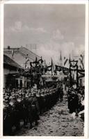 1938 Losonc, Lucenec; bevonulás, díszkapu "Éljen Nagy-Magyarország" felirattal / entry of the Hungarian troops, decorated gate, irredenta propaganda + "1938 Losonc visszatért" So. Stpl. (EM)