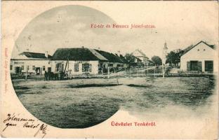 1901 Tenke, Tinca; Fő tér, Ferenc József utca, vasraktár, Rosenfeld Lajos boltja, Lévy Dávid üzlete és saját kiadása / main square, street, shops