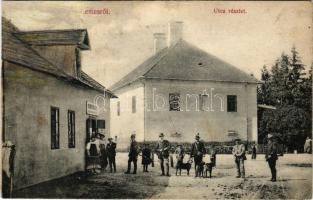 1911 Lemes, Lemesany (Eperjes, Presov); utcakép, vadászok kutyákkal, üzlet. Divald Károly fia kiadása / street view, hunters with dogs, shop (r)