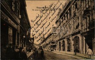 1908 Nagyvárad, Oradea; Fő utca, Rimanóczy palota, Sz. Kocsis János, Szirmai, cipő és zászlókészítő üzlet / main street, palace, shops (r)