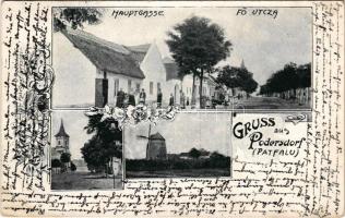 1911 Pátfalu, Podersdorf am See; Hauptgasse / Fő utca, templom, szélmalom / main street, church, windmill. Art Nouveau, floral + "KIS-CZELL - PARNDORF 264. SZ. B" vasúti mozgóposta bélyegző (EK)