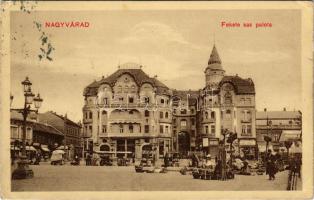 1912 Nagyvárad, Oradea; Fekete Sas palota, nagyszálloda, piac, Magyar Bank, Ernyei Lajos áruháza, üzletek. Sonnenwirht József kiadása / market, hotel, bank, shops (EK)