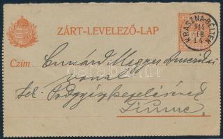 1914 10f zárt díjjegyes levelezőlap "KRASZNA-BÉLTEK" (Szatmár megye) - Fiume