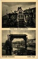 Kovászna, Covasna; Üdvözlet a visszatért Erdélyből! bevonulás, magyar zászlókkal és címerrel díszített székely kapu / entry of the Hungarian troops, decorated Székely gate with Hungarian flags and coat of arms (kis szakadás / small tear)