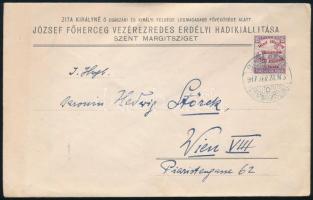 1917 Hadi kiállítás emlékboríték Margit-sziget 15f bérmentesítéssel kék / bule "BUDAPEST / SZENT MARGITSZIGET" Bécsbe küldve