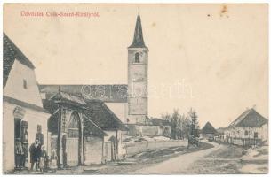 1911 Csíkszentkirály, Heilkönig, Sancraieni; Fő utca, templom, üzlet. Keresztes András kiadása / main street, church, shop (fl)