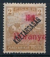 Baranya I. 1919 Arató/Köztársaság 2f próbanyomat vörös felülnyomással, Bodor vizsgálójellel (**30.000)