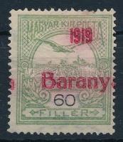 Baranya I. 1919 Turul 60f próbanyomat vörös felülnyomással, Bodor vizsgálójellel, gumi nélkül / without gum (**80.000)