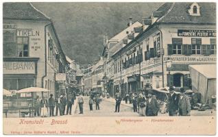 1904 Brassó, Kronstadt, Brasov; Hirschergasse / Hirscher utca (Halpiac), Fonciere biztosító intézet vezérügynöksége, Nemzeti Bank, piac, üzletek. Julius Müller's Nachf. Alfred Tartler / street view, shops, insurance company, market, bank (EK)